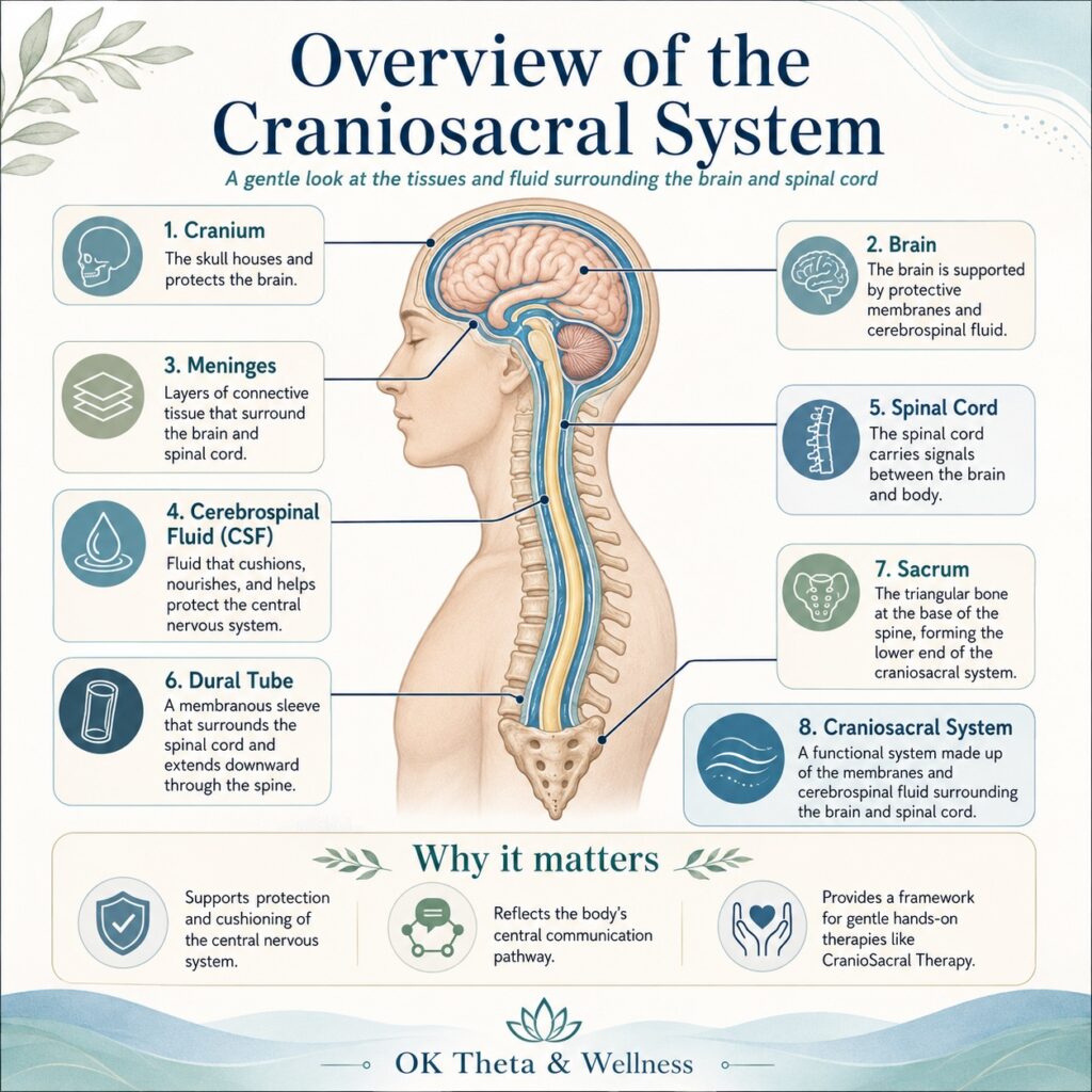 Infographic titled “Overview of the Craniosacral System” showing a side-view illustration of the head, brain, spinal cord, meninges, cerebrospinal fluid, dural tube, and sacrum, with labeled callouts explaining each structure.