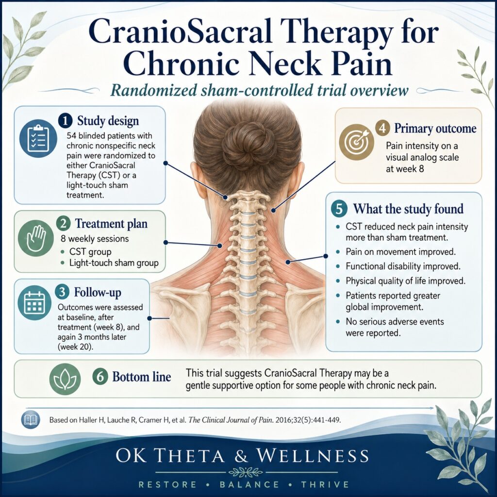 Infographic titled “CranioSacral Therapy for Chronic Neck Pain” summarizing a randomized sham-controlled trial, with a central illustration of the neck and spine and callout boxes describing study design, treatment plan, follow-up, outcomes, and bottom-line findings.