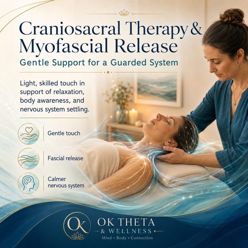 Square branded OK Theta & Wellness graphic showing a therapist gently supporting a client’s head and neck during craniosacral therapy and myofascial release, with soft blue and gold flowing lines and text about gentle support for a guarded system.