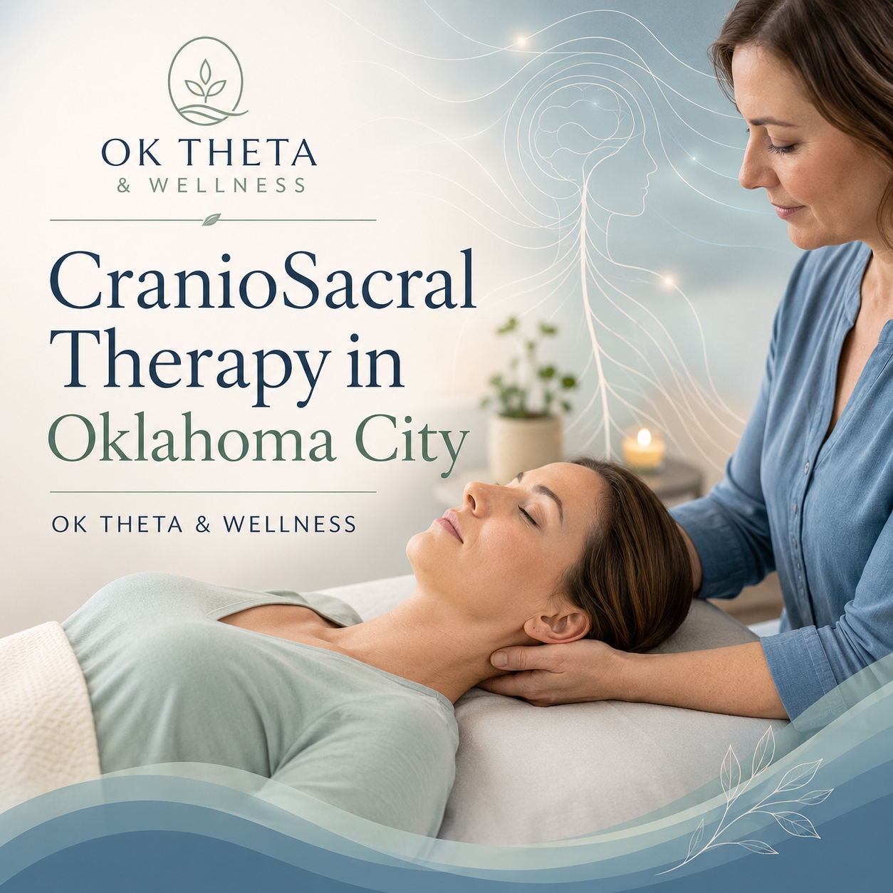 Branded OK Theta & Wellness graphic showing a client receiving gentle CranioSacral Therapy near the head and neck, with soft nervous system line art and the title “CranioSacral Therapy in Oklahoma City.”