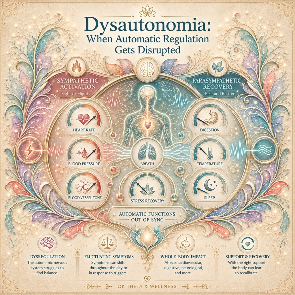 Square infographic titled “Dysautonomia: When Automatic Regulation Gets Disrupted,” showing an ornate autonomic nervous system control panel with dials for heart rate, blood pressure, blood vessel tone, digestion, temperature, sleep, breath, and stress recovery.