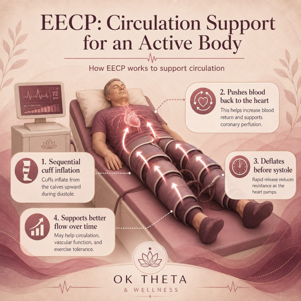 Square infographic titled “EECP: Circulation Support for an Active Body,” showing a person lying on an EECP treatment table with leg cuffs, upward blood flow arrows toward the heart, and four callouts explaining sequential cuff inflation, blood return, cuff deflation, and improved flow over time.