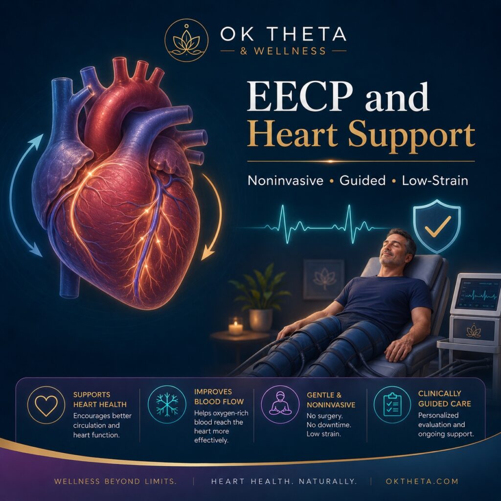 EECP and heart support infographic showing noninvasive, guided, low-strain cardiovascular support with a stylized heart and reclining EECP therapy patient.