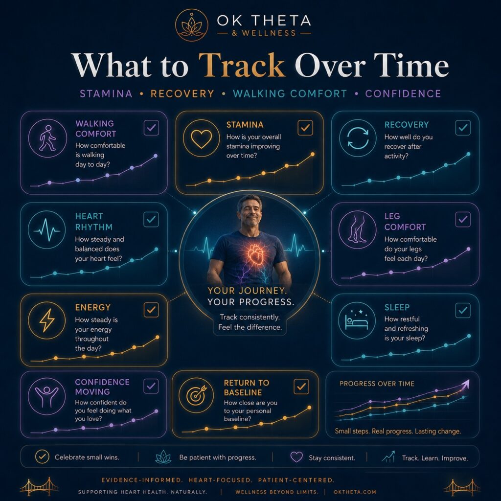 What to track over time infographic for EECP therapy showing stamina, recovery, walking comfort, confidence, heart rhythm, energy, sleep, leg comfort, and return to baseline.