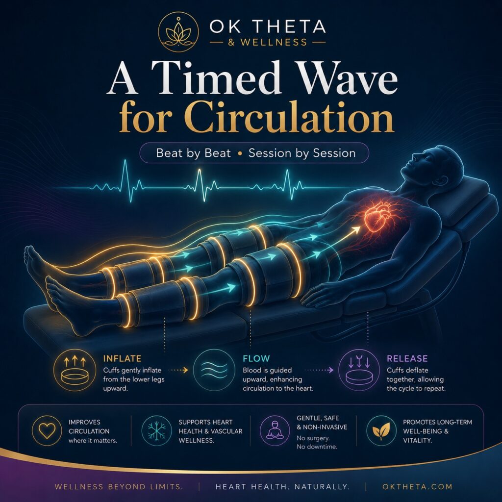 A timed wave for circulation infographic showing EECP compression cuffs moving blood flow upward toward the heart.