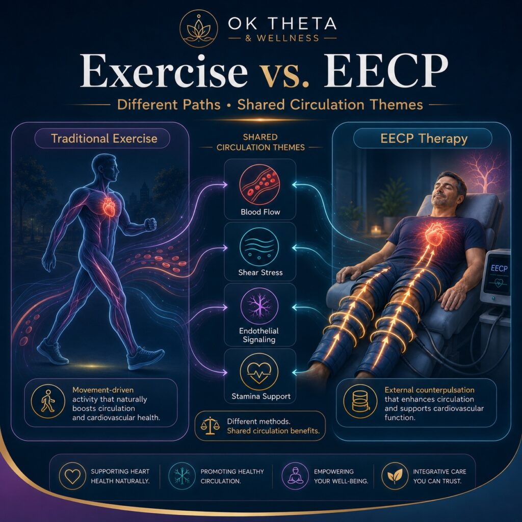 Exercise vs. EECP infographic showing different paths with shared circulation themes including blood flow, shear stress, endothelial signaling, and stamina support.