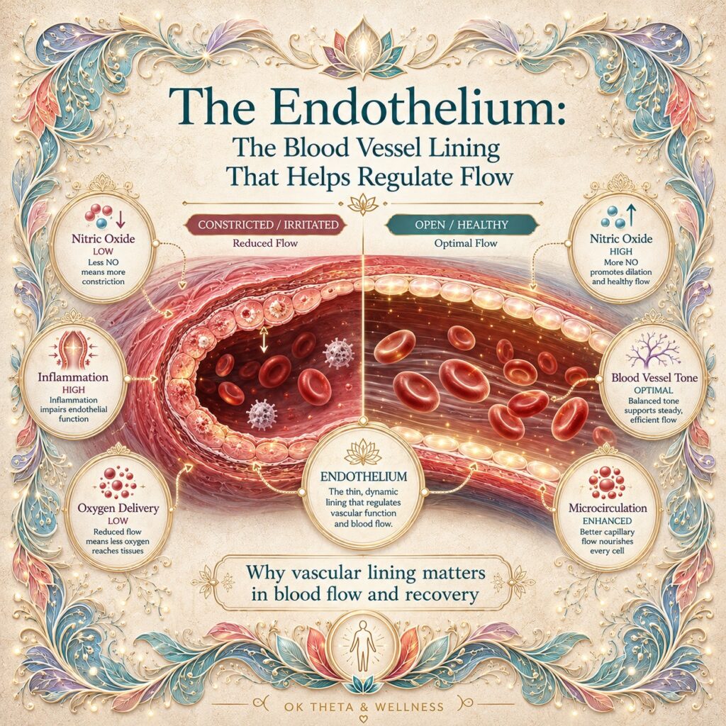 Square infographic titled “The Endothelium: The Blood Vessel Lining That Helps Regulate Flow,” showing a close-up blood vessel split between a constricted, irritated side and a smooth, open, healthy side, with labels for nitric oxide, inflammation, blood vessel tone, oxygen delivery, and microcirculation.