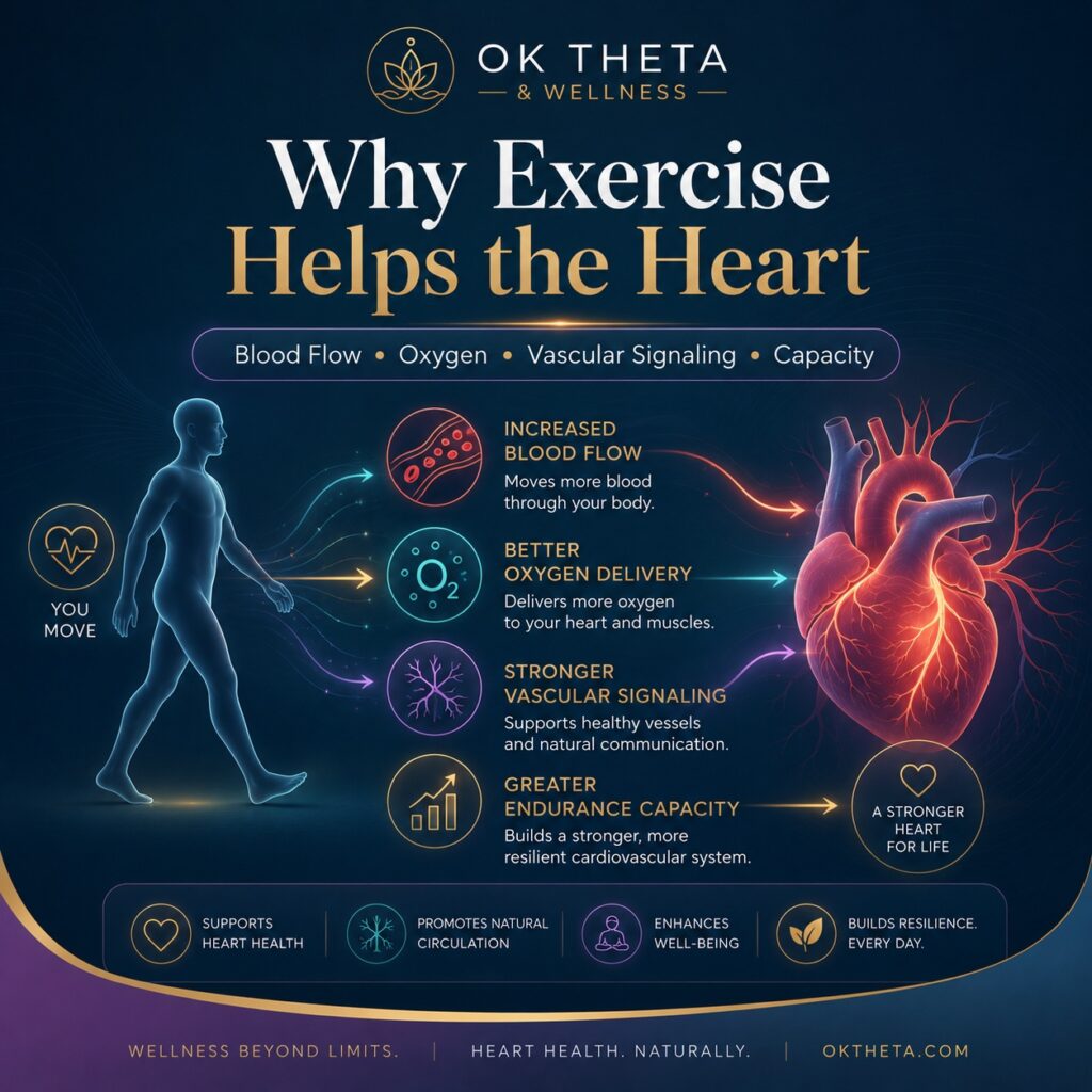 Why exercise helps the heart by supporting blood flow, oxygen delivery, vascular signaling, and cardiovascular capacity.