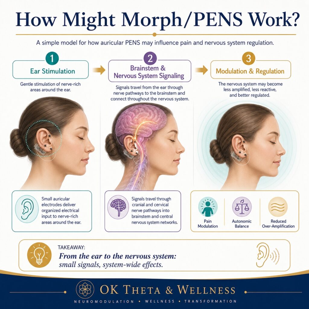 Branded OK Theta & Wellness infographic explaining how Morph/PENS therapy may work through ear stimulation, brainstem signaling, and nervous system regulation.