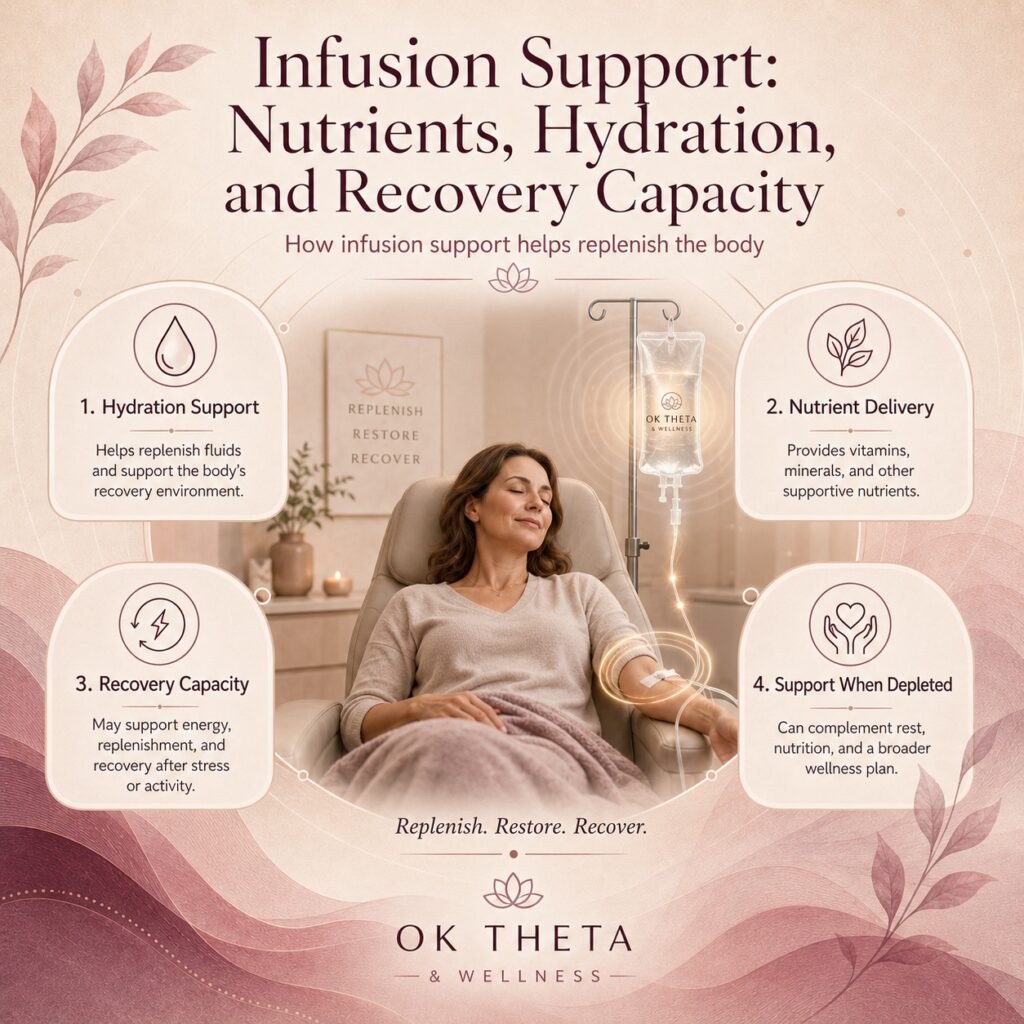 Square infographic titled “Infusion Support: Nutrients, Hydration, and Recovery Capacity,” showing a person relaxing in an infusion chair with an IV bag and four callouts for hydration support, nutrient delivery, recovery capacity, and support when depleted.