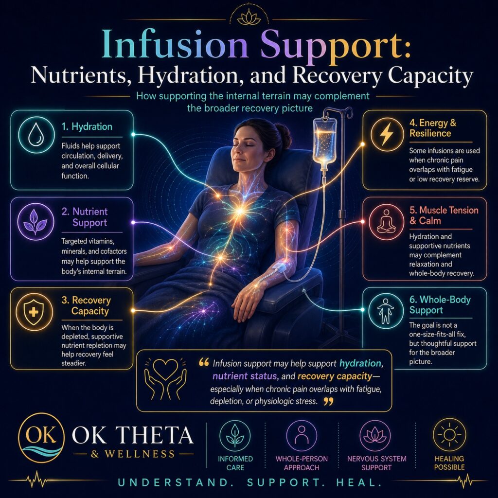 Square OK Theta & Wellness infographic titled “Infusion Support: Nutrients, Hydration, and Recovery Capacity,” showing a person receiving an IV infusion with callouts for hydration, nutrient support, recovery capacity, energy and resilience, muscle tension and calm, and whole-body support.