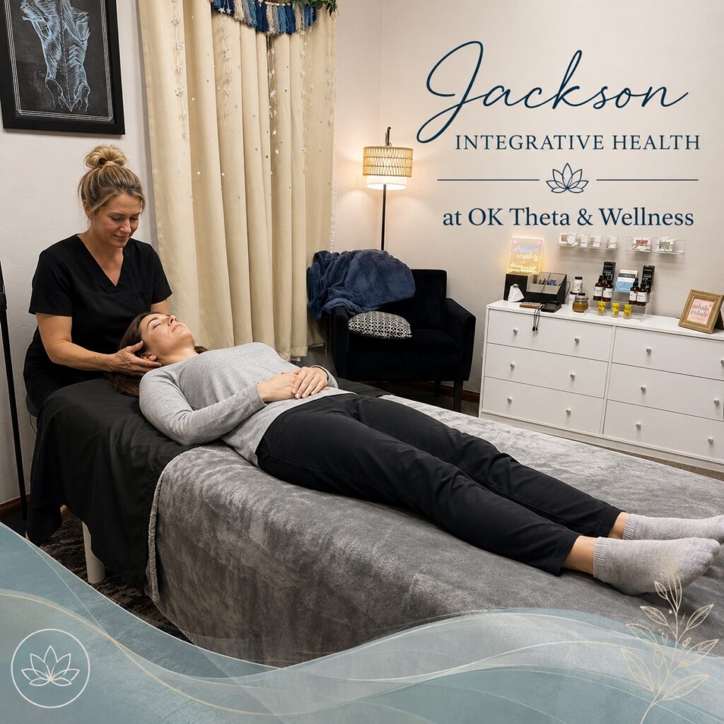 Jackson Integrative Health at OK Theta & Wellness graphic showing a practitioner gently supporting a client’s head during a relaxing CranioSacral Therapy session in Amy Jackson’s studio.