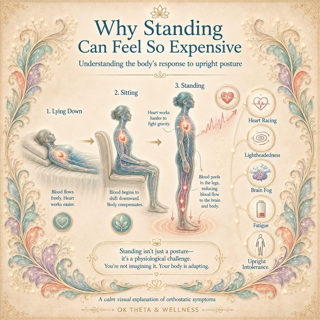 Square infographic titled “Why Standing Can Feel So Expensive,” showing a person moving from lying down to sitting to standing, with a rising heart-rate line, downward blood-flow arrows, and symptom labels for heart racing, lightheadedness, brain fog, fatigue, and upright intolerance.