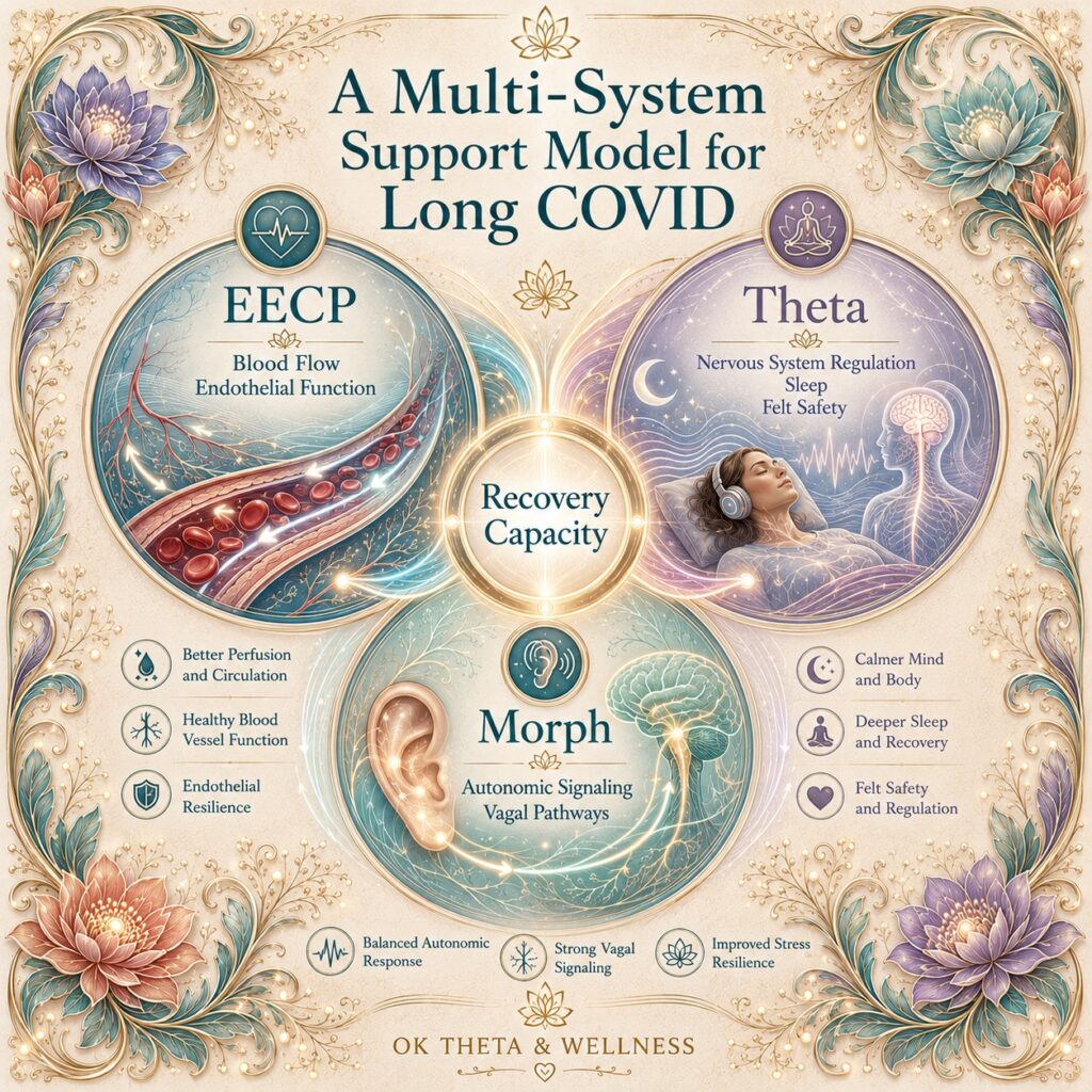 Square infographic titled “A Multi-System Support Model for Long COVID,” showing three interlocking circles for EECP, Theta, and Morph surrounding a central circle labeled “Recovery Capacity,” all framed by ornate floral designs.