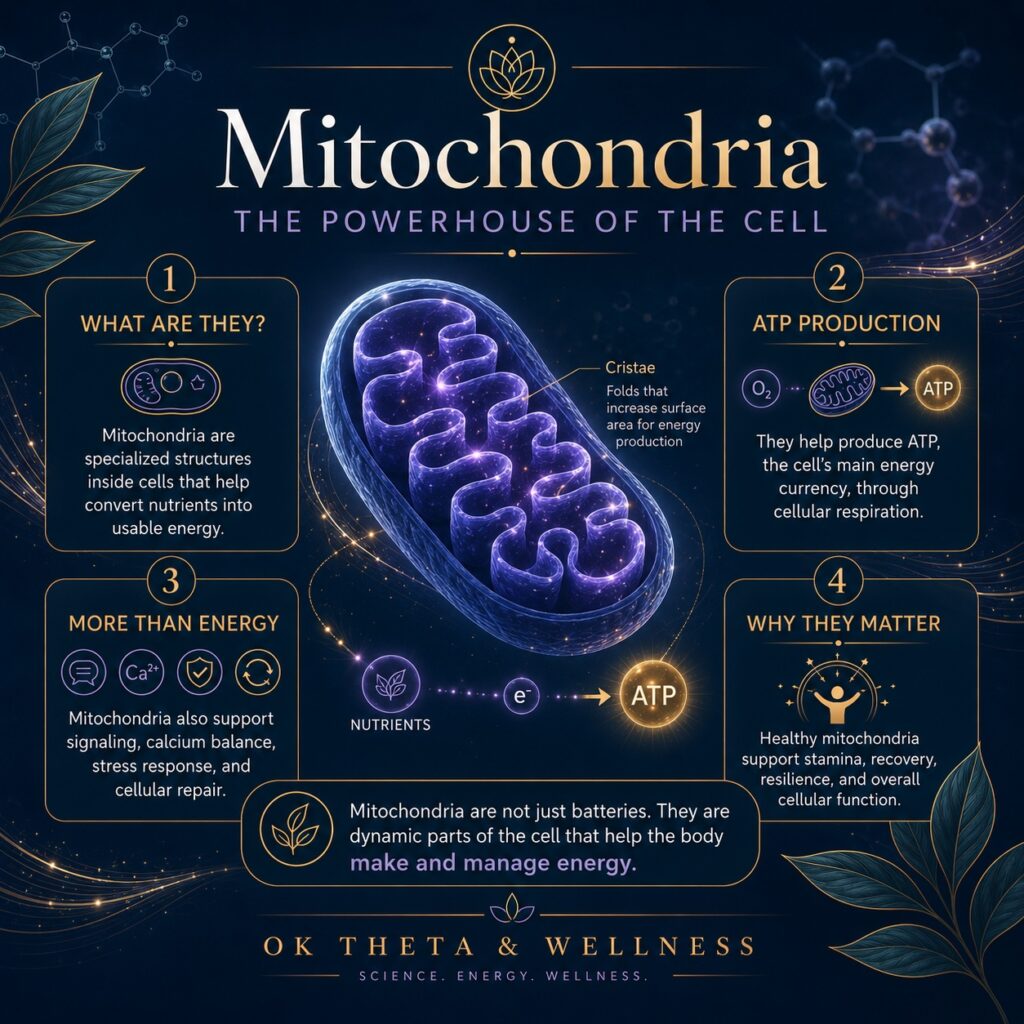 Square infographic titled “Mitochondria: The Powerhouse of the Cell,” showing a glowing mitochondrion with panels explaining ATP production, cellular energy, and why mitochondria matter.