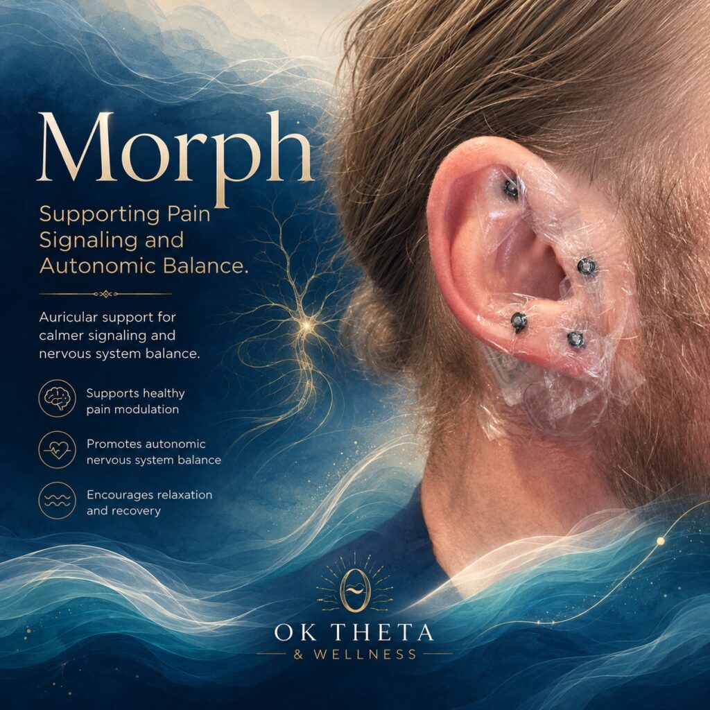 Square branded OK Theta & Wellness graphic showing a close-up of a Morph/PENS auricular device placed around the ear, with blue and teal waveforms and text about supporting pain signaling and autonomic balance.