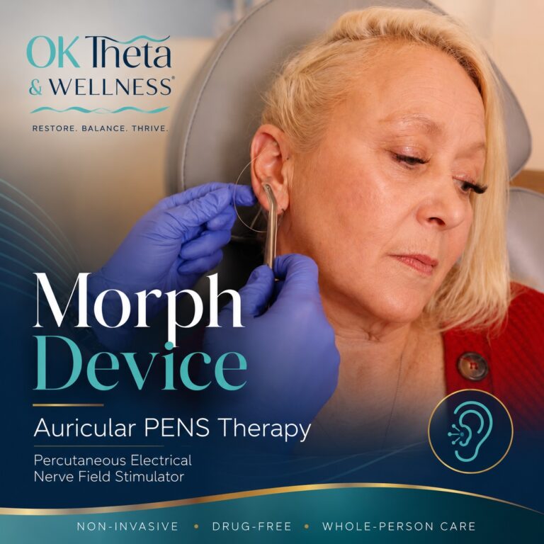 Branded OK Theta & Wellness cover image showing a Morph Device being placed on a client’s ear for auricular PENS therapy.