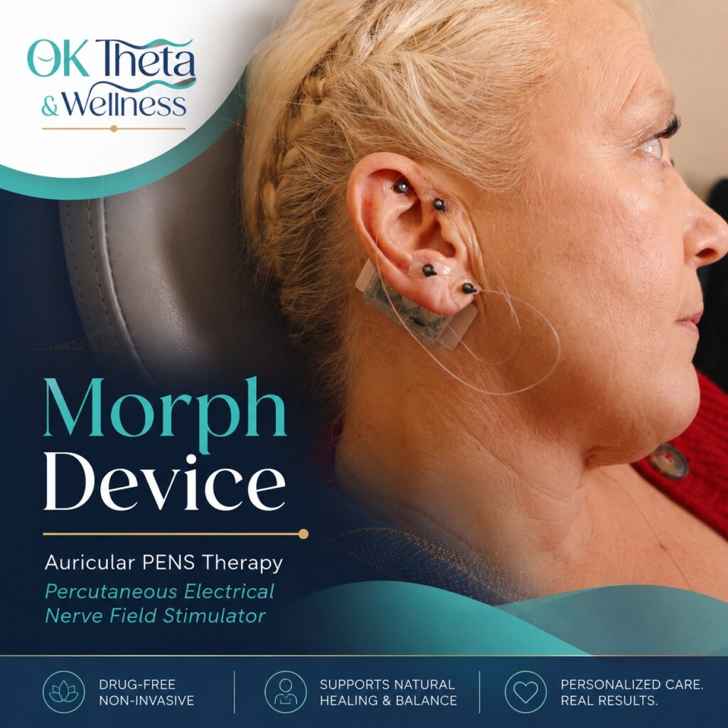 Branded OK Theta & Wellness image showing the Morph Device placed behind and around a client’s ear for auricular PENS therapy.
