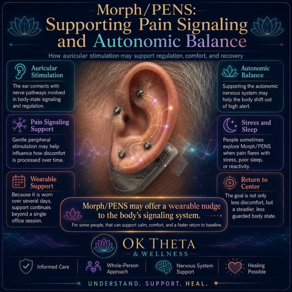 Square OK Theta & Wellness infographic titled “Morph/PENS: Supporting Pain Signaling and Autonomic Balance,” featuring a close-up ear image with an auricular stimulation device and callout boxes about auricular stimulation, pain signaling support, wearable support, autonomic balance, stress and sleep, and return to center.