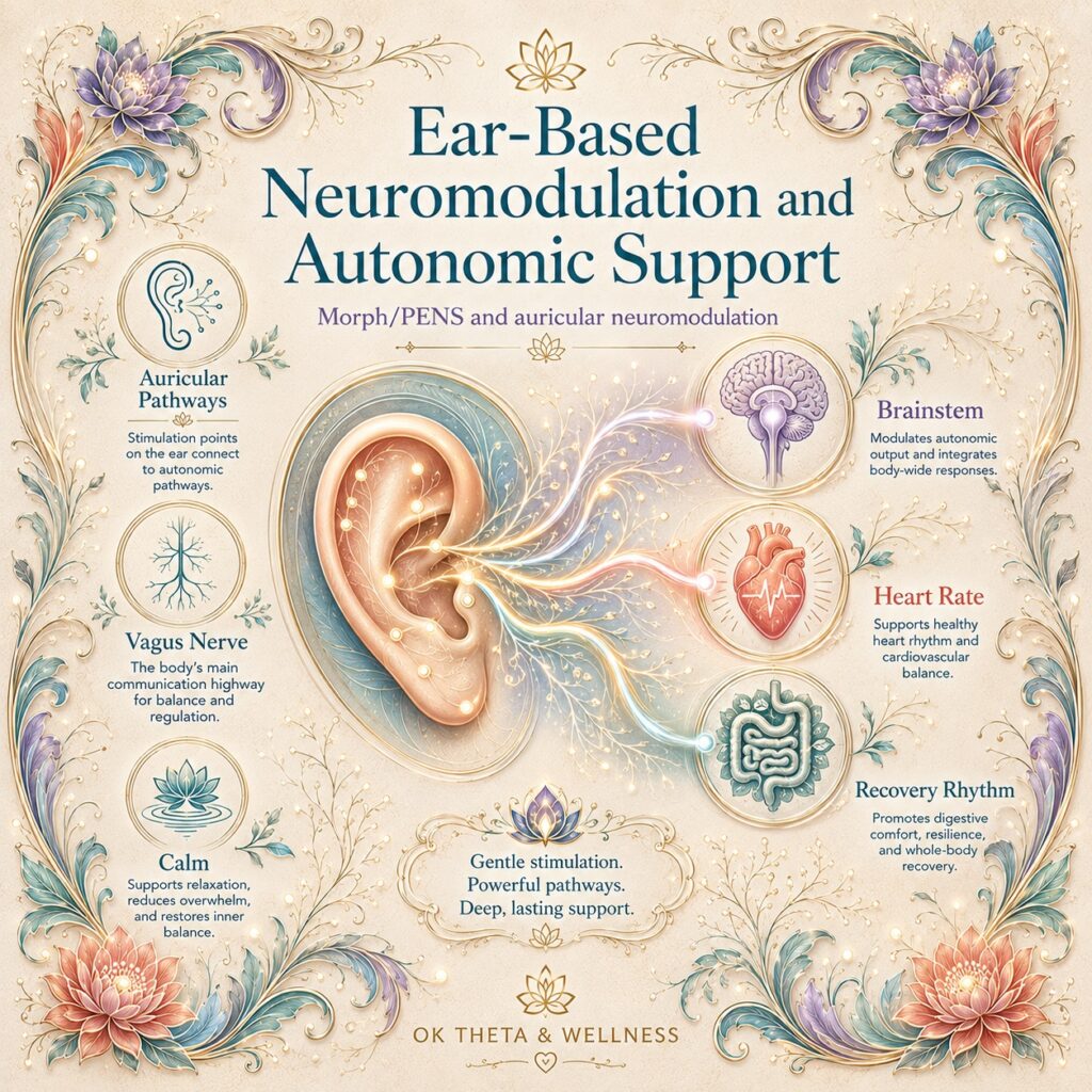 Square infographic titled “Ear-Based Neuromodulation and Autonomic Support,” featuring a stylized ear with glowing stimulation points and flowing pathways leading toward icons for the brainstem, heart rate, and recovery rhythm, framed by ornate floral designs.