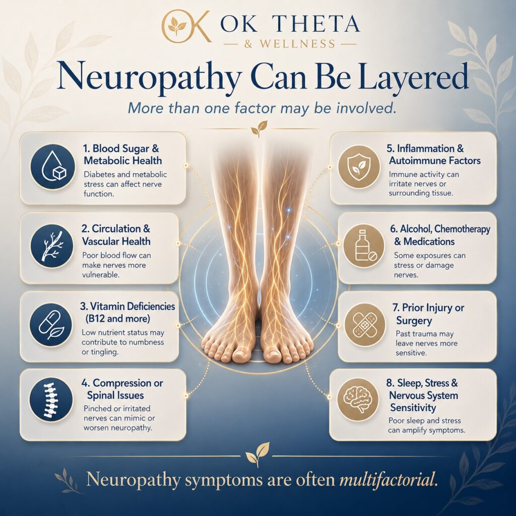 Square branded OK Theta & Wellness infographic titled “Neuropathy Can Be Layered,” showing glowing nerve pathways in the lower legs and feet surrounded by eight possible contributing factors, including blood sugar, circulation, vitamin deficiencies, spinal compression, inflammation, medications, prior injury, sleep, stress, and nervous system sensitivity.