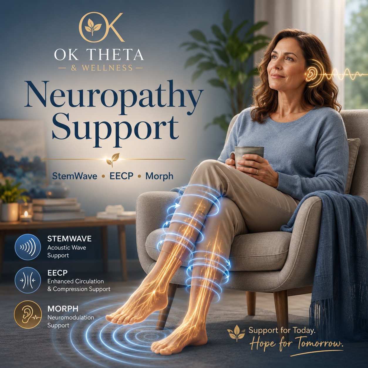 Square branded blog cover image for OK Theta & Wellness showing a calm woman seated in a wellness setting with glowing nerve and circulation pathways in her legs and feet, plus visual symbols for StemWave, EECP, and Morph neuromodulation support.
