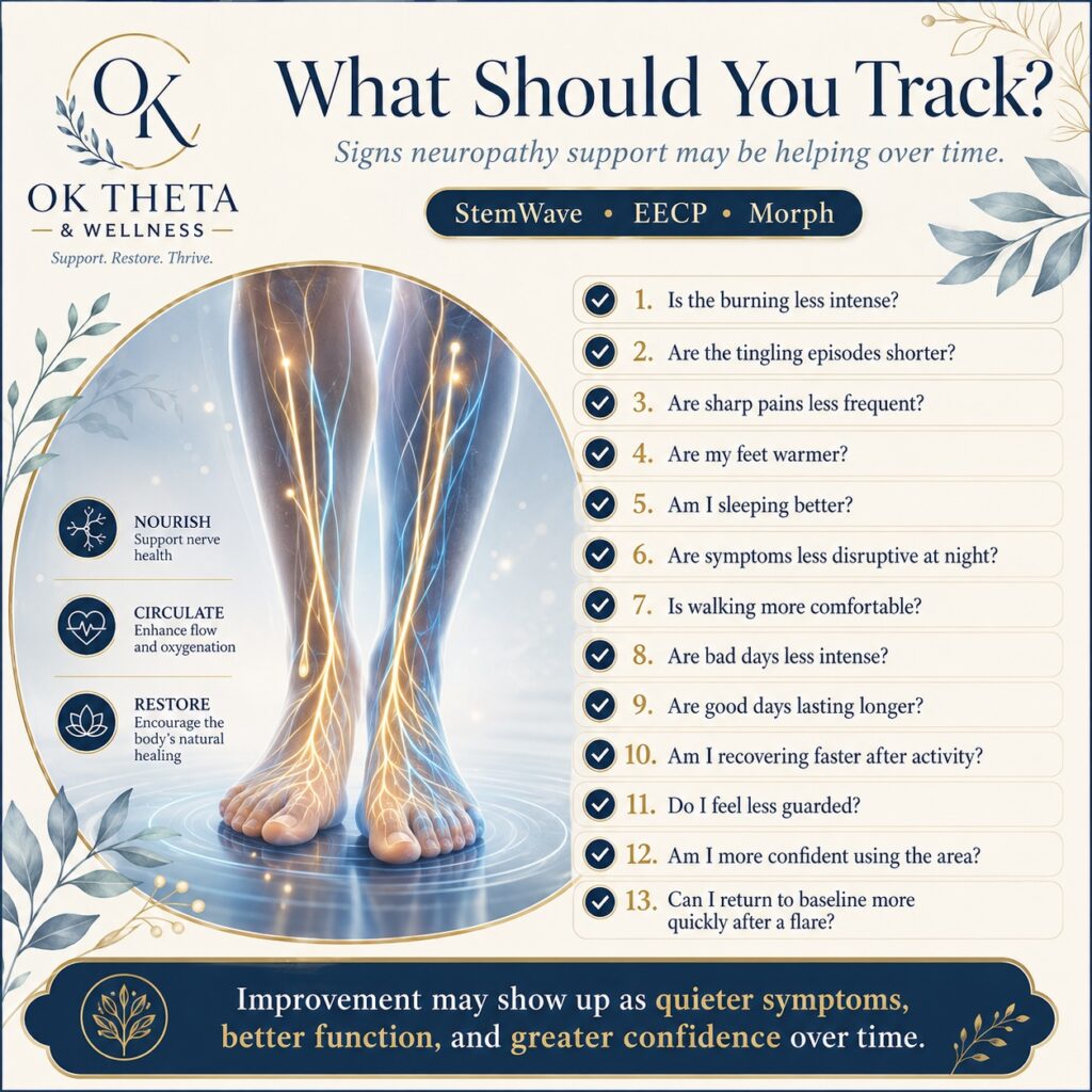 Square branded OK Theta & Wellness infographic titled “What Should You Track?” showing glowing lower legs and feet beside a checklist of signs that neuropathy support may be helping over time, including changes in burning, tingling, pain, sleep, walking, recovery, and confidence.