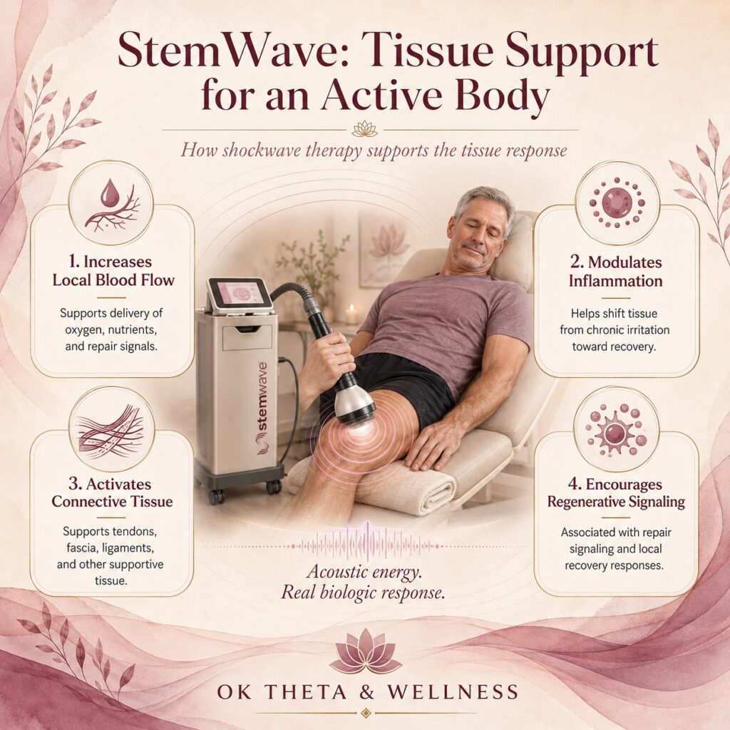 Square infographic titled “StemWave: Tissue Support for an Active Body,” showing a person receiving StemWave shockwave therapy on the knee with acoustic wave rings and four callouts explaining local blood flow, inflammation modulation, connective tissue activation, and regenerative signaling.
