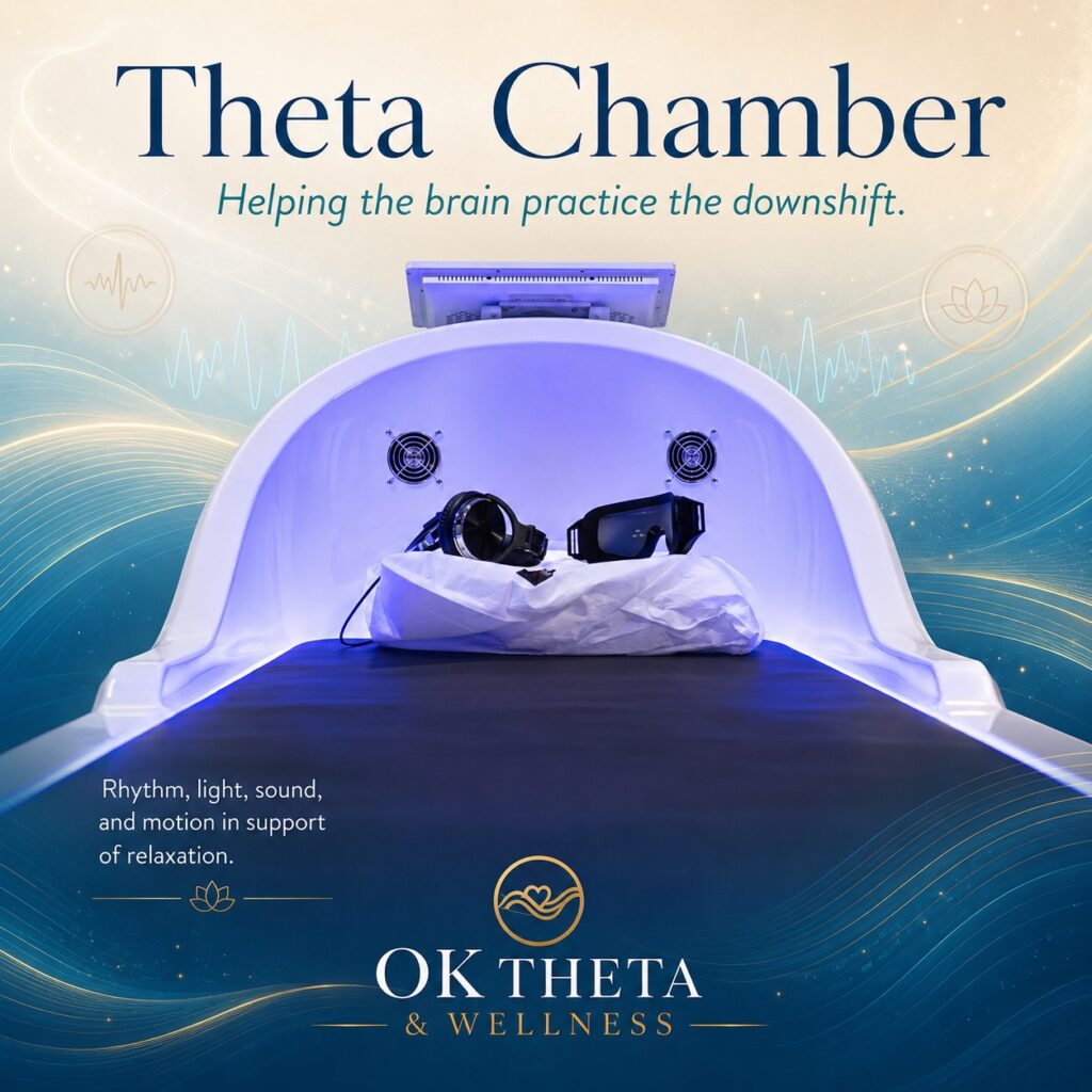 Square branded graphic for OK Theta & Wellness showing the interior of a Theta Chamber with headphones and light goggles on a pillow, surrounded by flowing blue and gold waveforms, with the title “Theta Chamber: Helping the brain practice the downshift.”