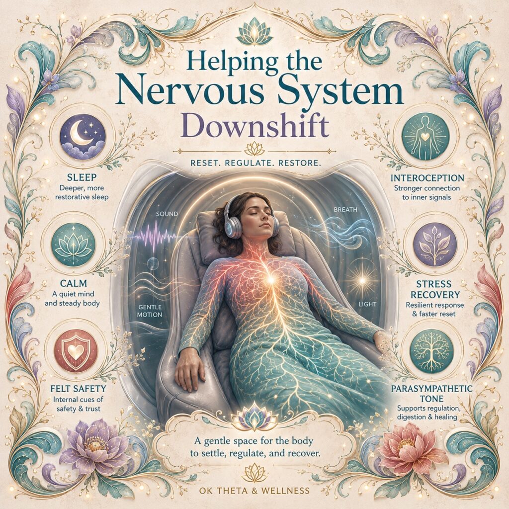 Square infographic titled “Helping the Nervous System Downshift,” showing a person reclining in a calm chamber-like setting surrounded by soft waves of sound, breath, light, and gentle motion, with branching nervous system pathways shifting from warm red-orange tones into teal and gold.