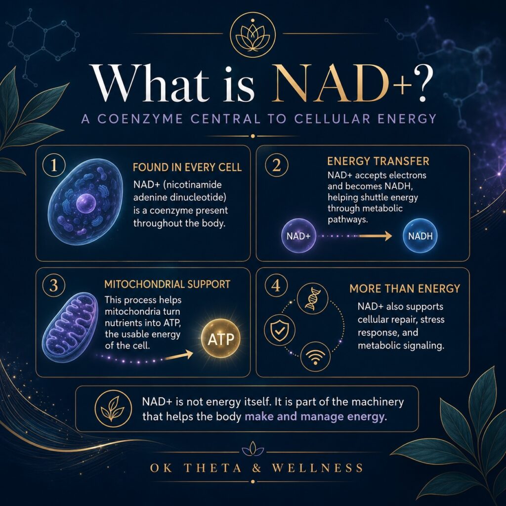 Infographic titled “What is NAD+?” explaining NAD+ as a coenzyme found in every cell that helps transfer energy, support mitochondria, produce ATP, and assist cellular repair.