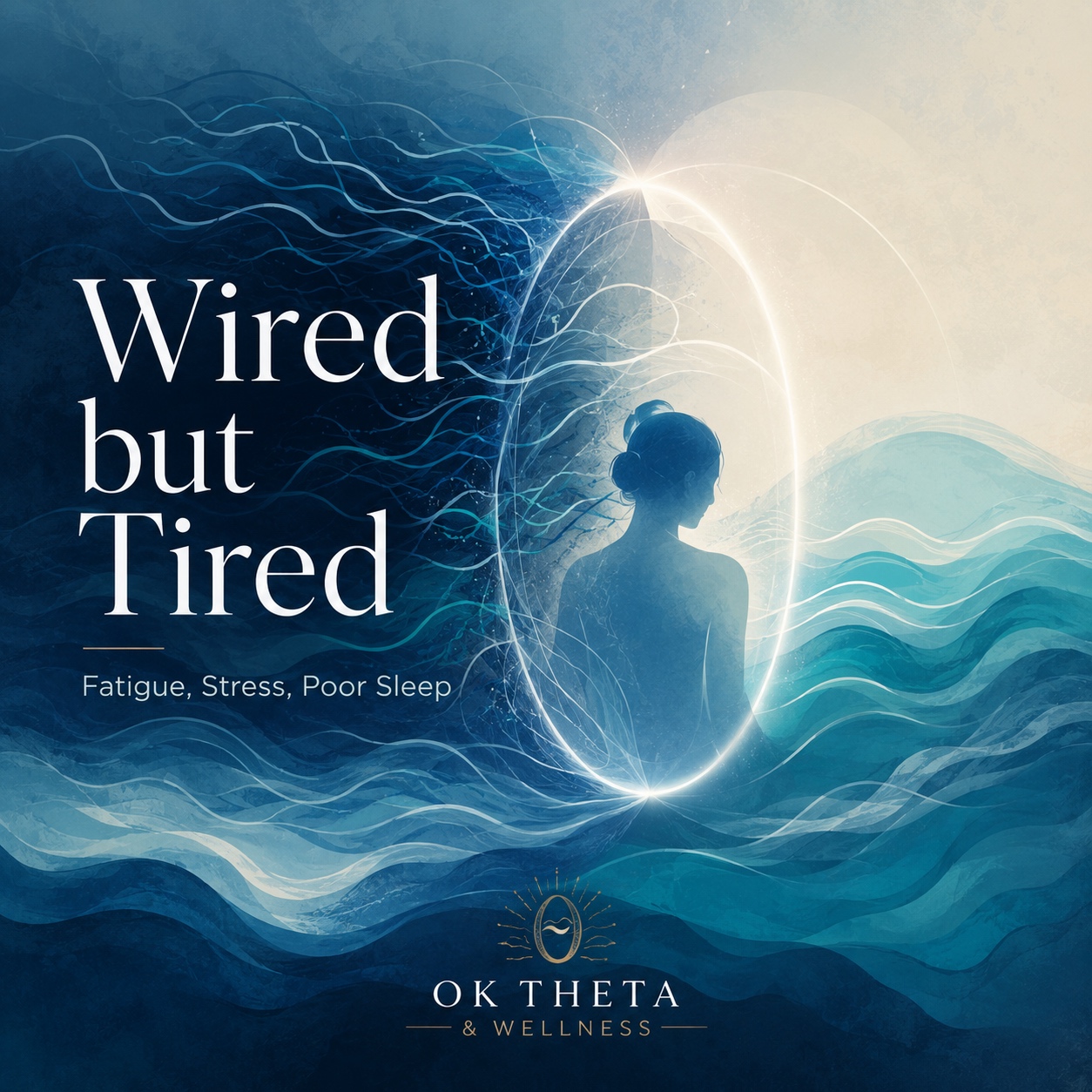Square OK Theta & Wellness blog cover image for “Wired but Tired,” showing a calm seated figure inside a glowing oval surrounded by blue and teal waves, with darker tangled lines on one side and softer restorative waves on the other.