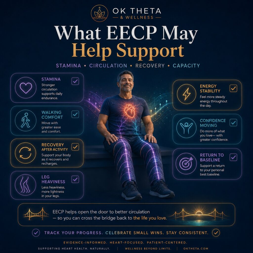 EECP wellness infographic highlighting circulation, stamina, walking comfort, activity recovery, and confidence with movement