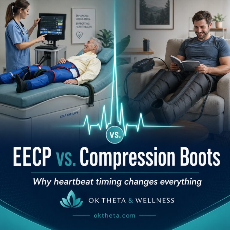 Side-by-side comparison of clinical EECP therapy and recovery compression boots with a heartbeat trace