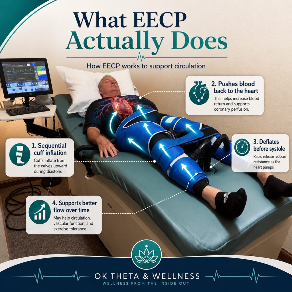 Patient receiving EECP therapy with sequential leg cuff inflation and blood-flow arrows illustrating cardiac-synchronized counterpulsation